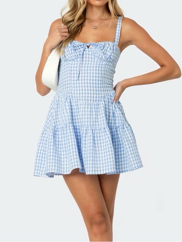 Edikted Light Blue Gingham Tie-Front Tiered Sundress